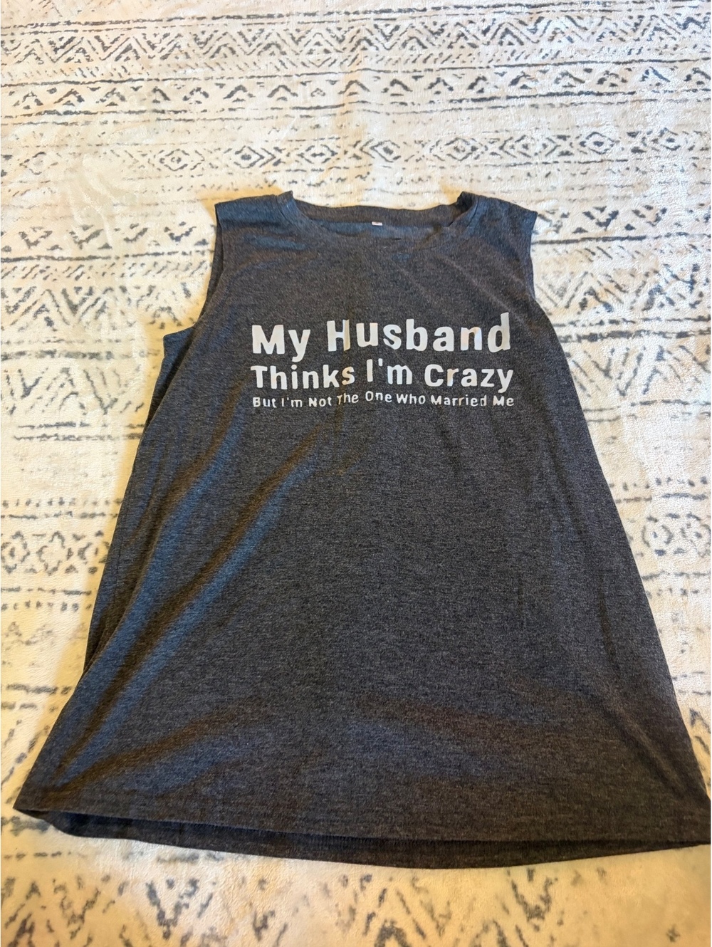Gray Sleeveless Graphic Tank Top with Humorous Text
